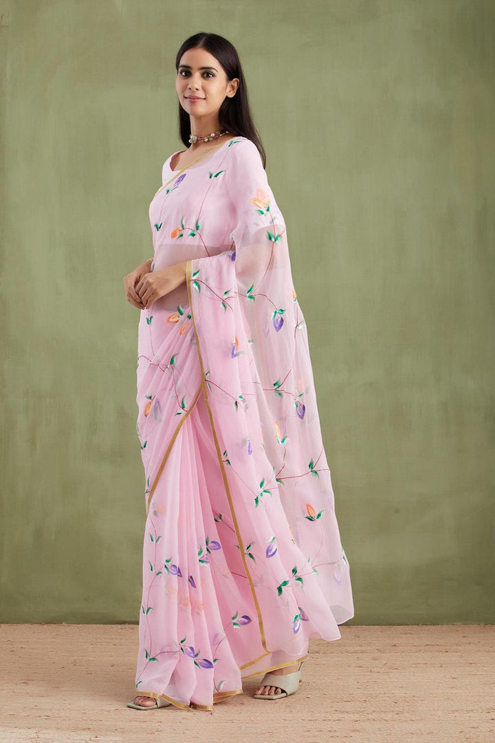 Pink Hand Painted Chiffon Saree - Geroo Jaipur