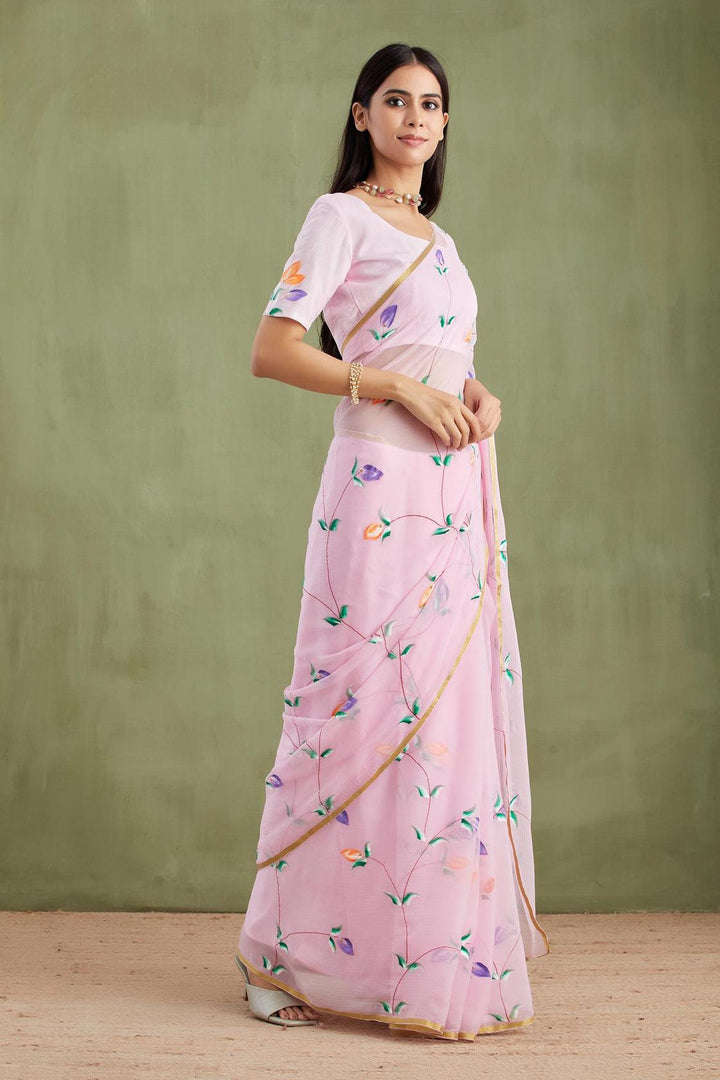 Pink Hand Painted Chiffon Saree - Geroo Jaipur