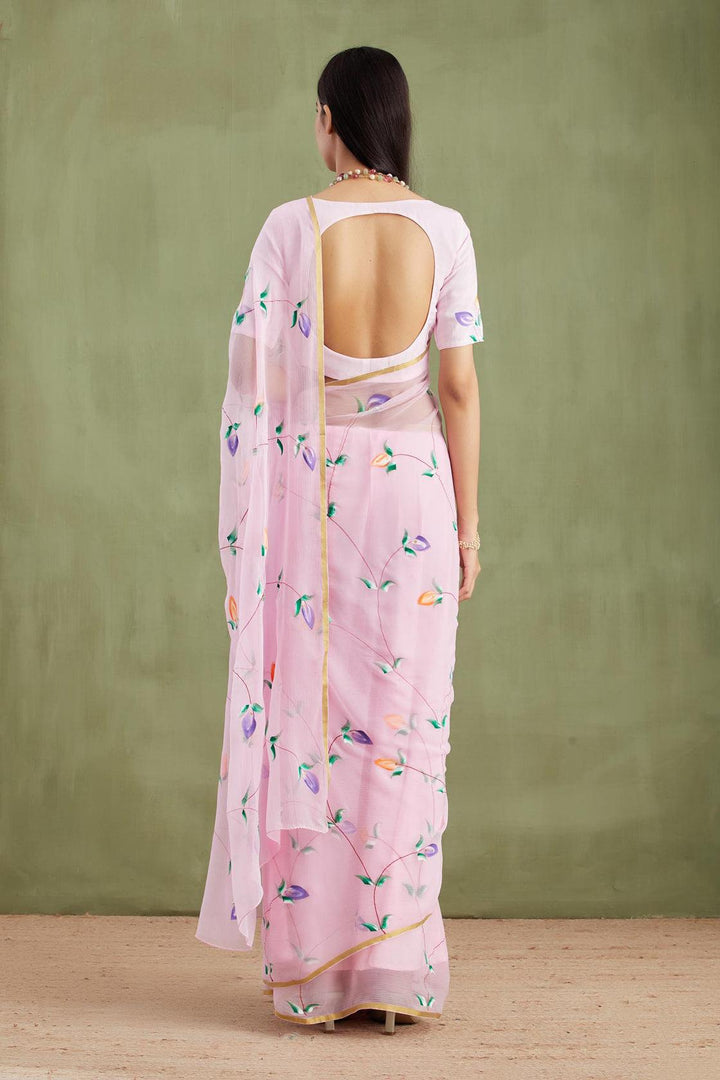 Pink Hand Painted Chiffon Saree - Geroo Jaipur