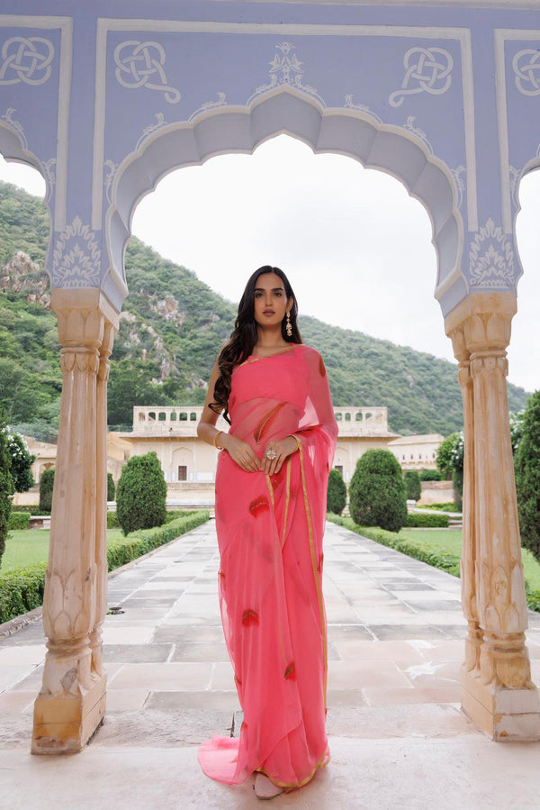 Pink Hand Painted Floral Chiffon Saree - Geroo Jaipur