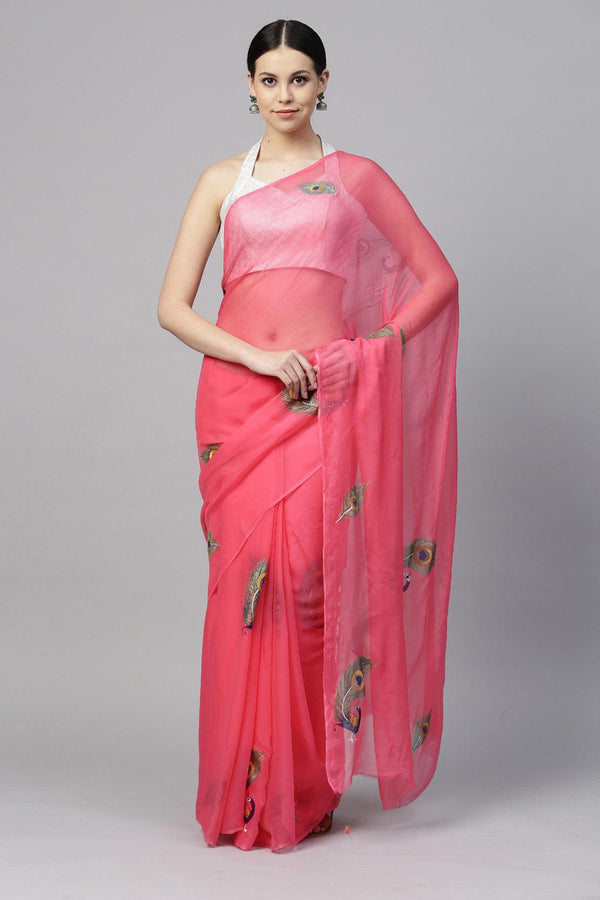 Pink Hand Painted Floral Chiffon Saree - Geroo Jaipur