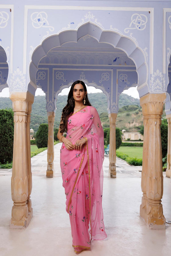 Pink Hand Painted Floral Chiffon Saree - Geroo Jaipur