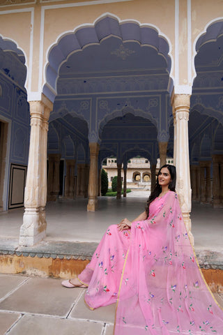 Pink Hand Painted Floral Chiffon Saree - Geroo Jaipur