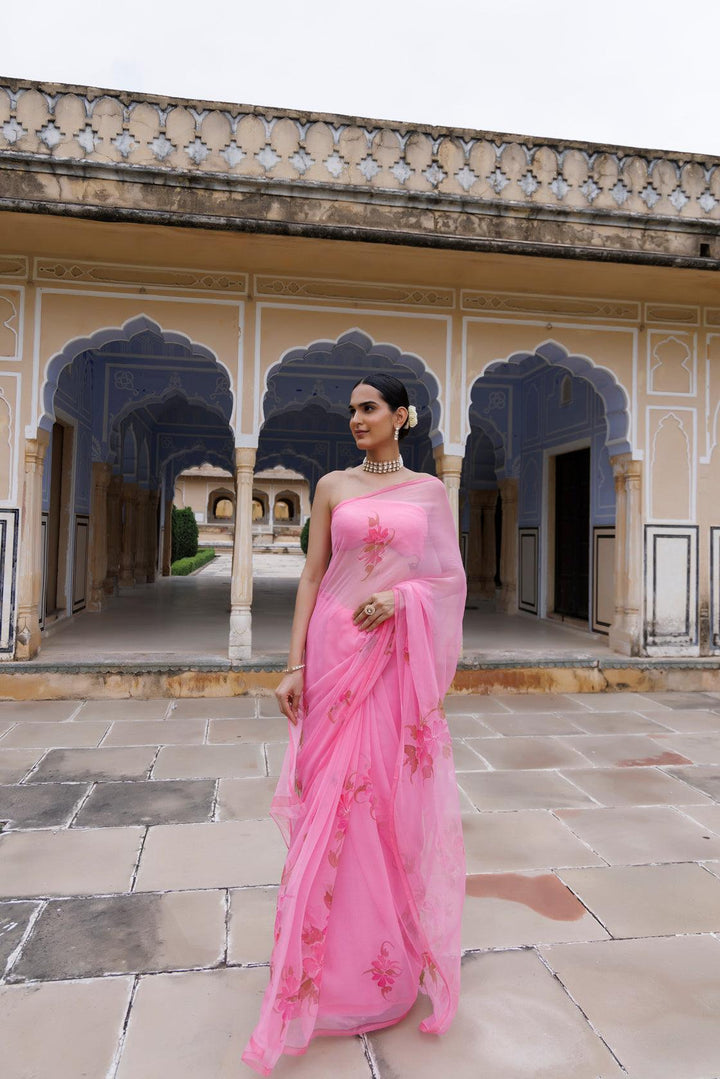 Pink Hand Painted Floral Chiffon Saree - Geroo Jaipur