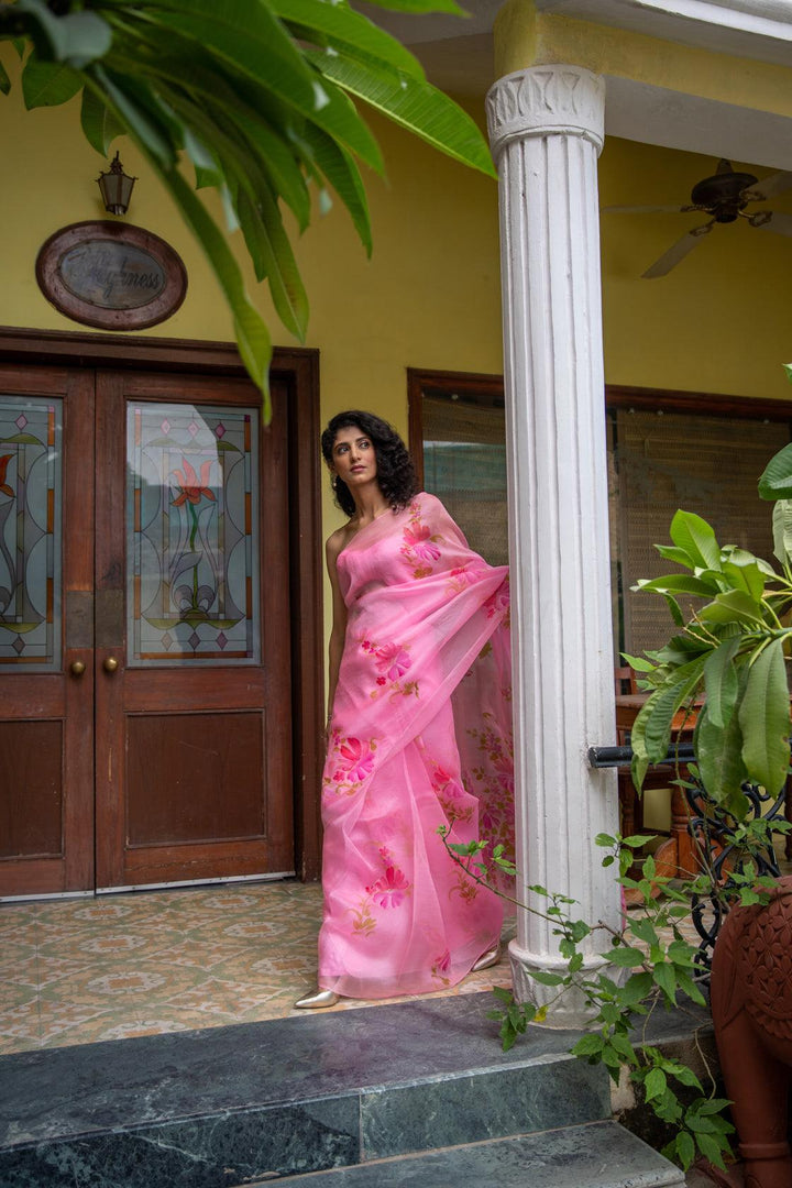 Pink Hand Painted Pure Organza Saree - Geroo Jaipur