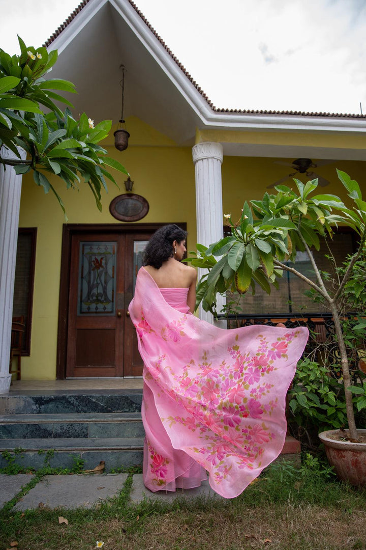 Pink Hand Painted Pure Organza Saree - Geroo Jaipur