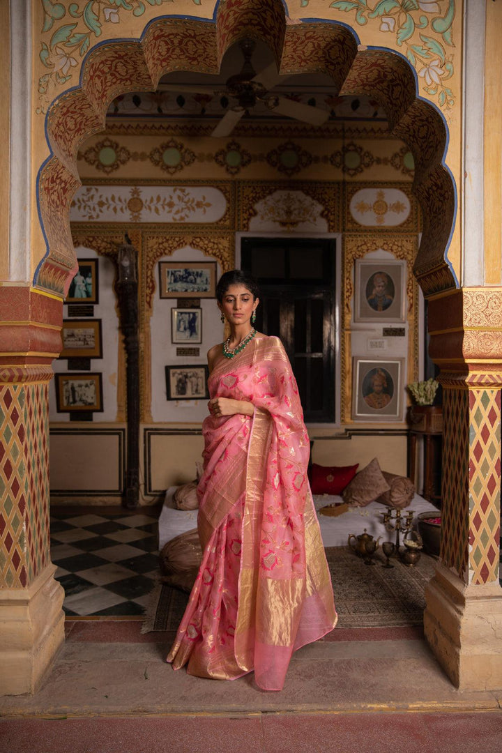 Pink Hand Woven Pure Kota Silk Saree - Geroo Jaipur