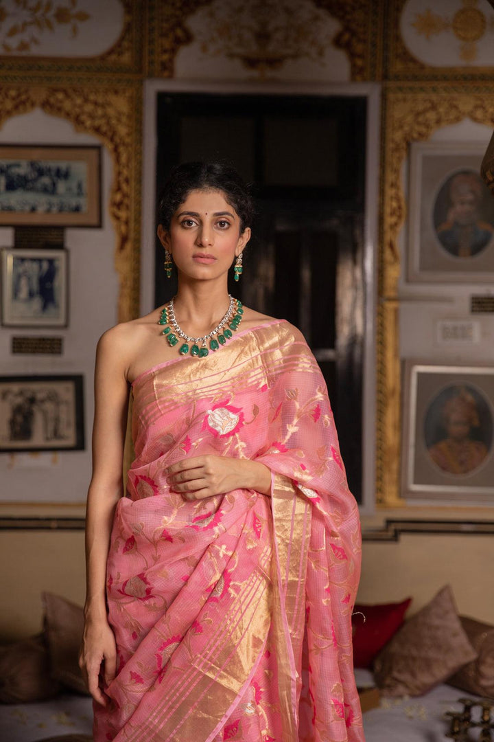 Pink Hand Woven Pure Kota Silk Saree - Geroo Jaipur