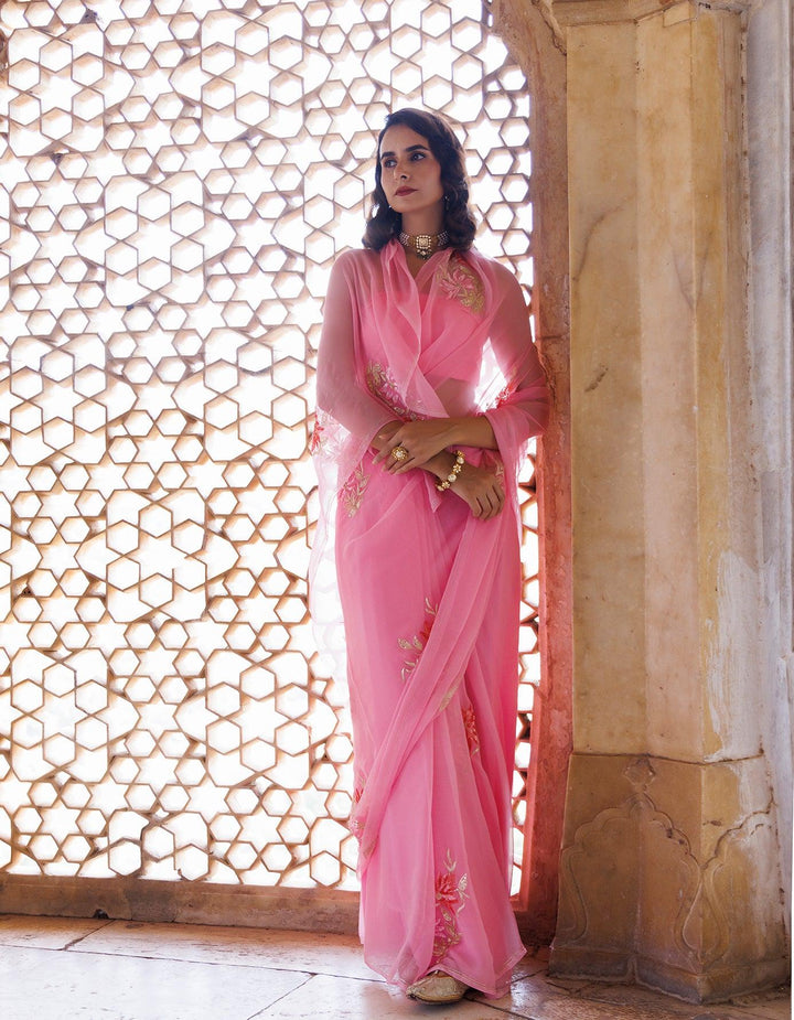 Pink Handcrafted Aari-Sequins Chiffon Saree - Geroo Jaipur