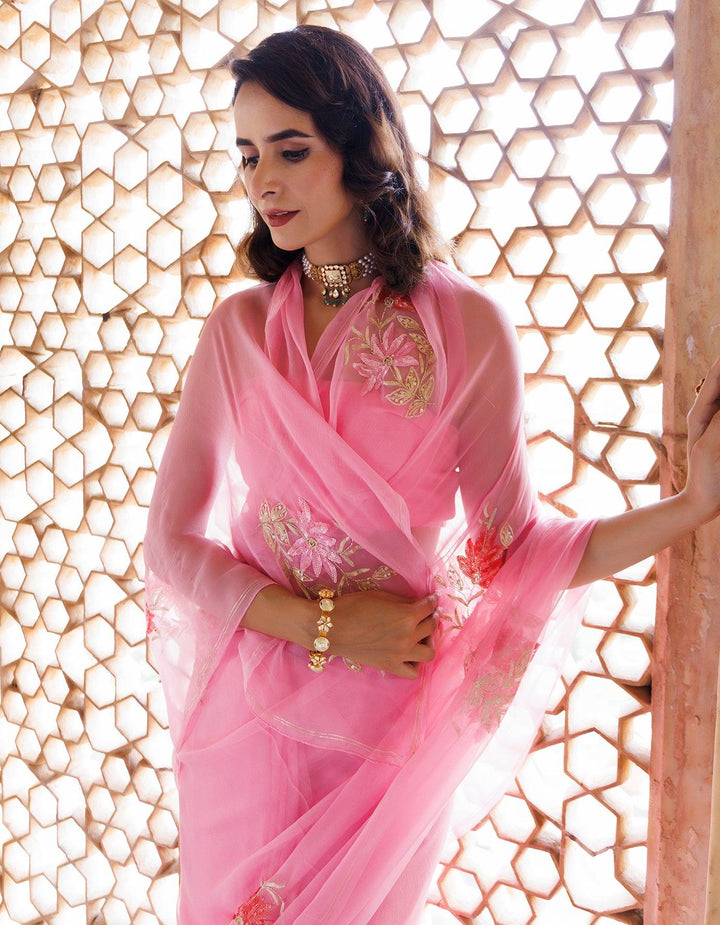 Pink Handcrafted Aari-Sequins Chiffon Saree - Geroo Jaipur