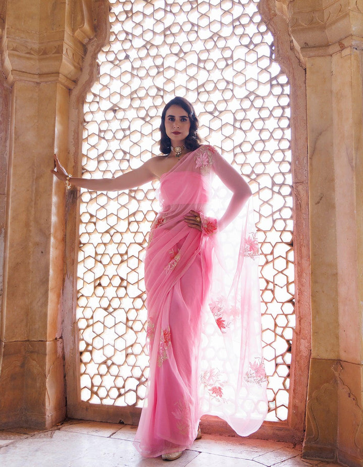 Pink Handcrafted Aari-Sequins Chiffon Saree - Geroo Jaipur