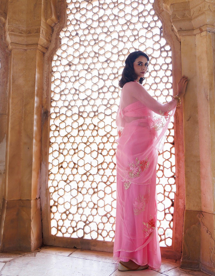 Pink Handcrafted Aari-Sequins Chiffon Saree - Geroo Jaipur