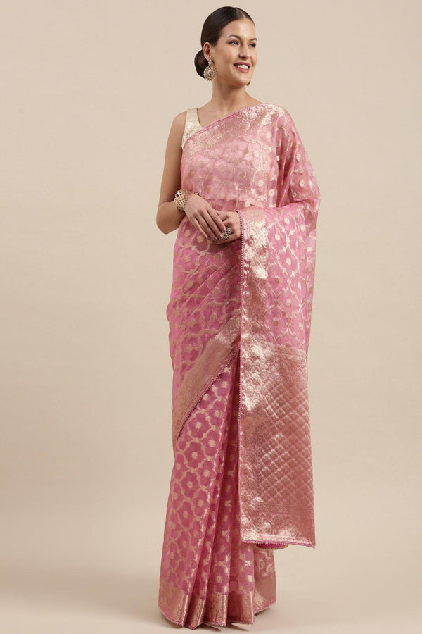 Pink Handcrafted Floral Zari Organza Banarasi Saree - Geroo Jaipur