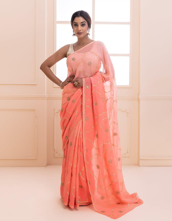 Pink handcrafted gota jaal and sequins pure chiffon saree - Geroo Jaipur