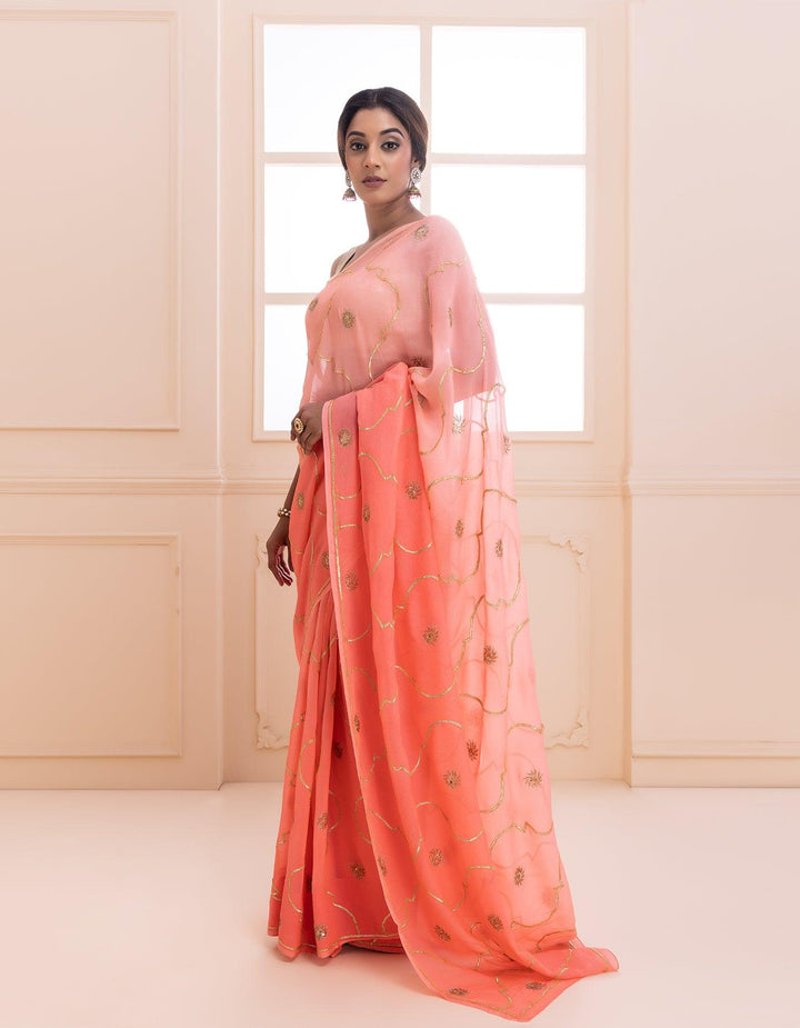 Pink handcrafted gota jaal and sequins pure chiffon saree - Geroo Jaipur