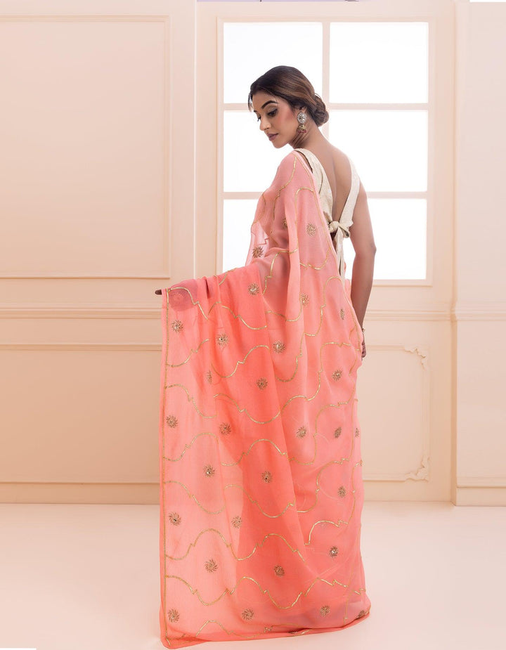 Pink handcrafted gota jaal and sequins pure chiffon saree - Geroo Jaipur