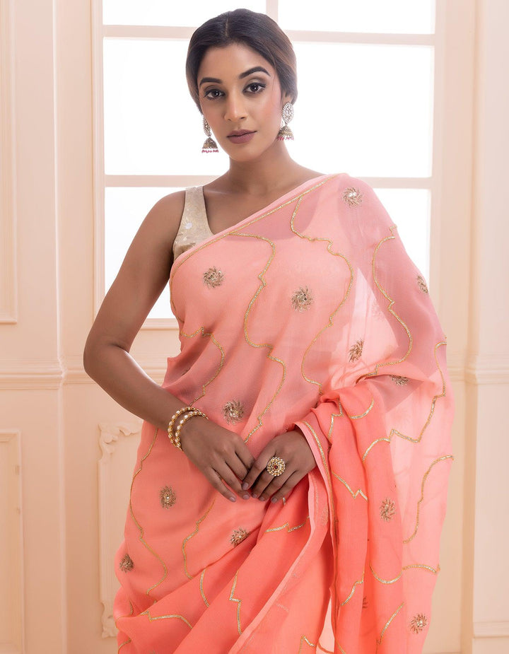 Pink handcrafted gota jaal and sequins pure chiffon saree - Geroo Jaipur