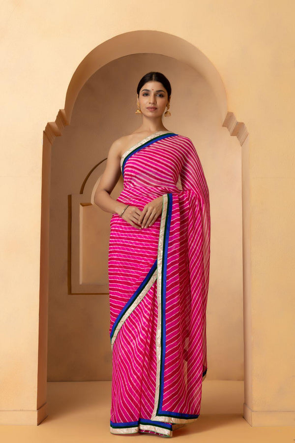 Pink handcrafted pure georgette leheriya saree - Geroo Jaipur