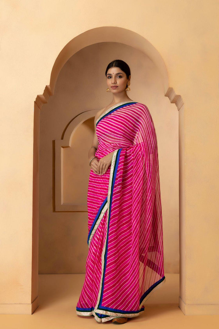 Pink handcrafted pure georgette leheriya saree - Geroo Jaipur