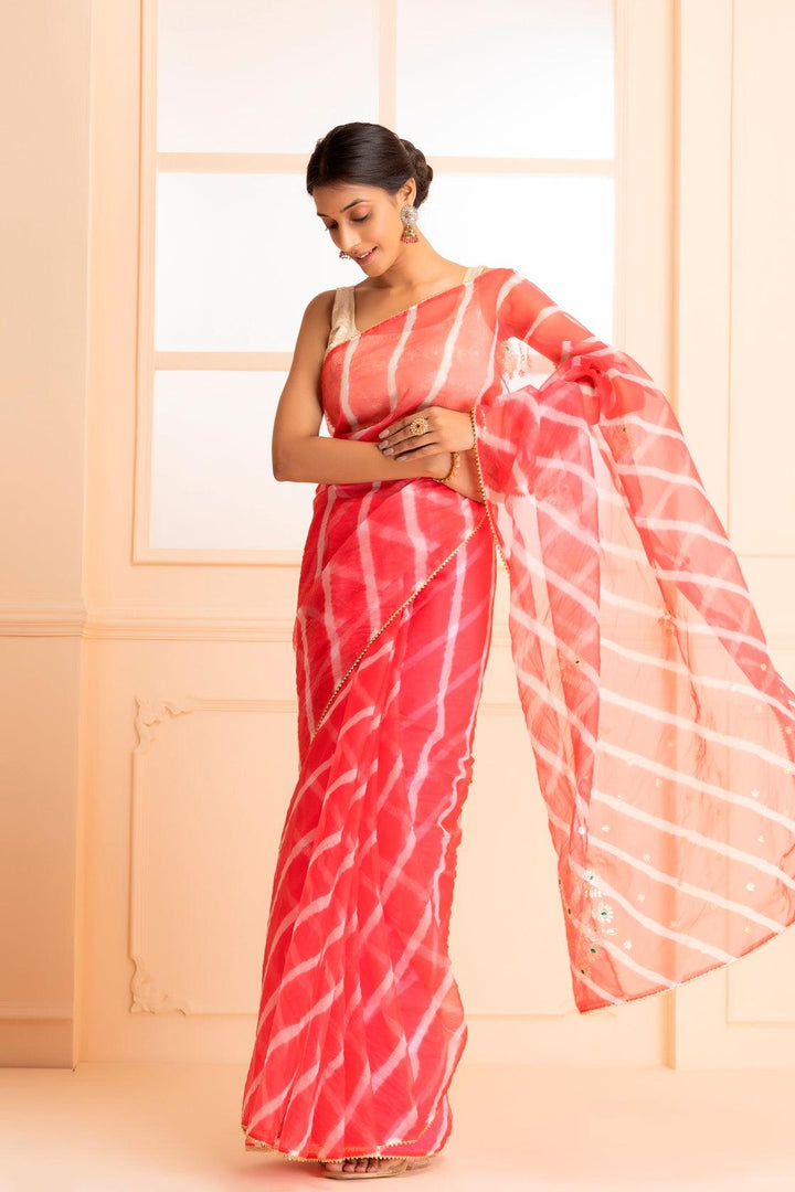 Pink Organza Handcrafted Pittan Leheriya Saree - Geroo Jaipur