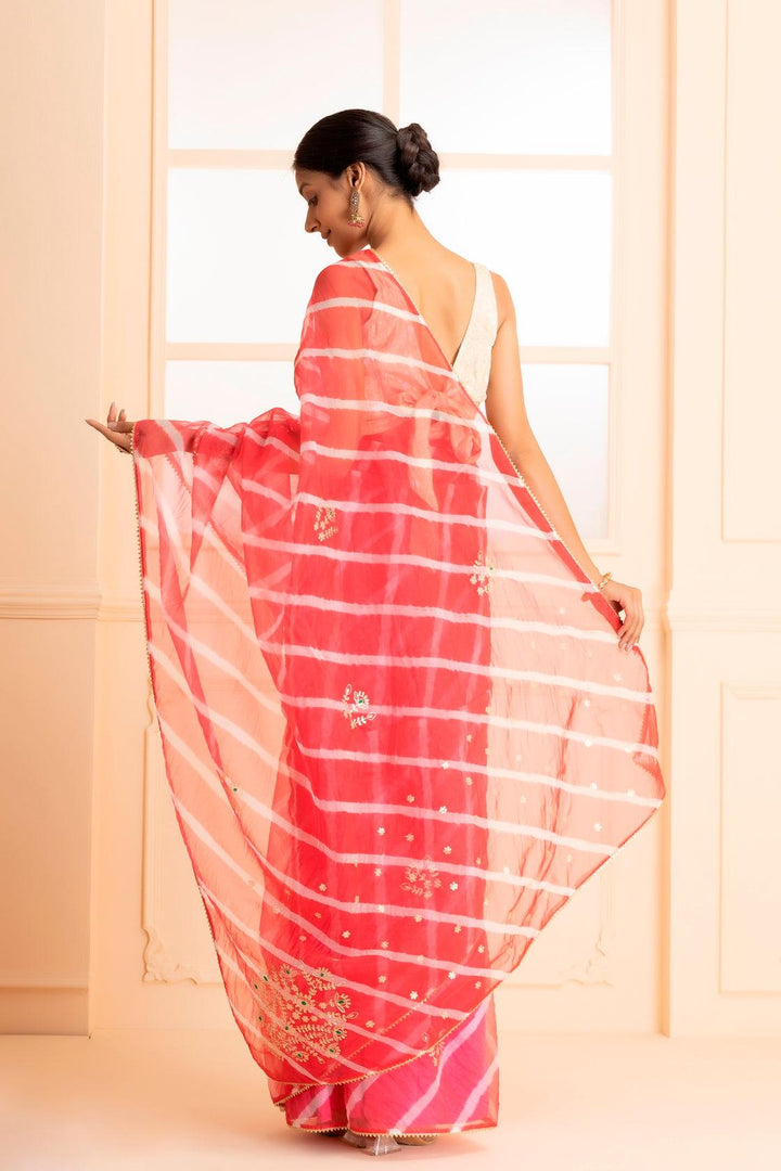 Pink Organza Handcrafted Pittan Leheriya Saree - Geroo Jaipur