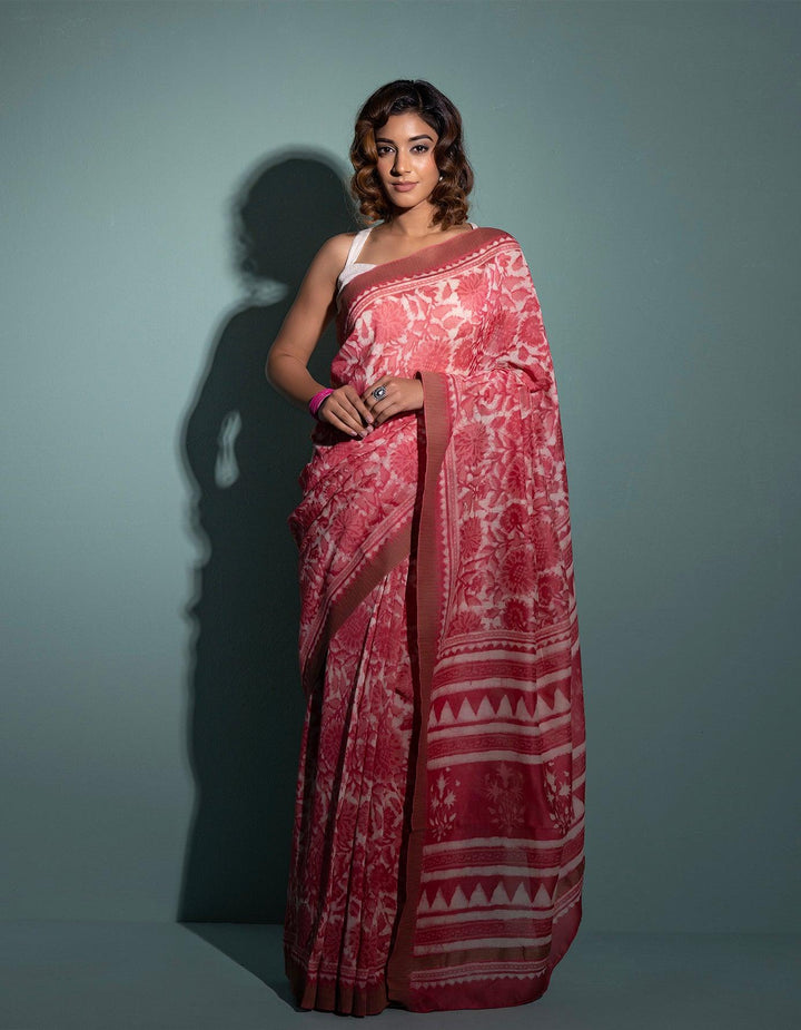 Pink Pure Chanderi Hand Block Printed Ghicha Border Saree - Geroo Jaipur