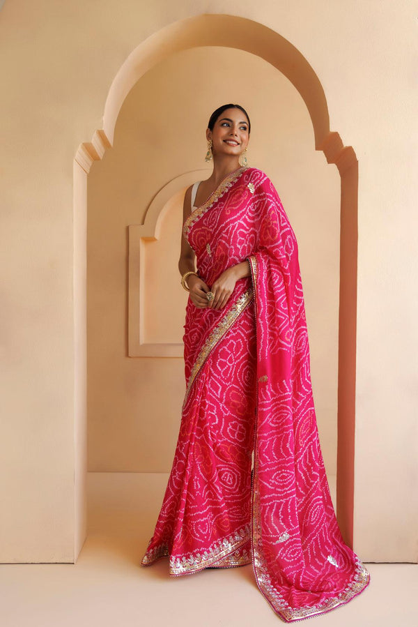 Pink Pure Georgette Hand Embroidered Gota Patti Bandhani Saree - Geroo Jaipur