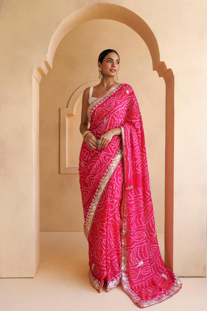 Pink Pure Georgette Hand Embroidered Gota Patti Bandhani Saree - Geroo Jaipur