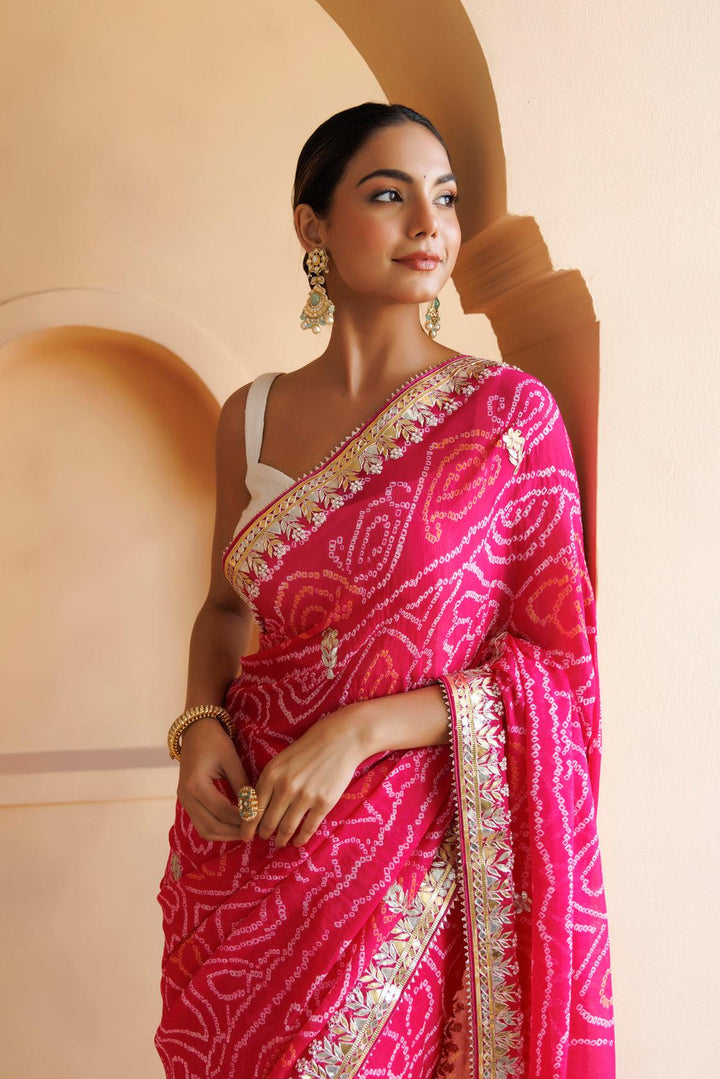 Pink Pure Georgette Hand Embroidered Gota Patti Bandhani Saree - Geroo Jaipur