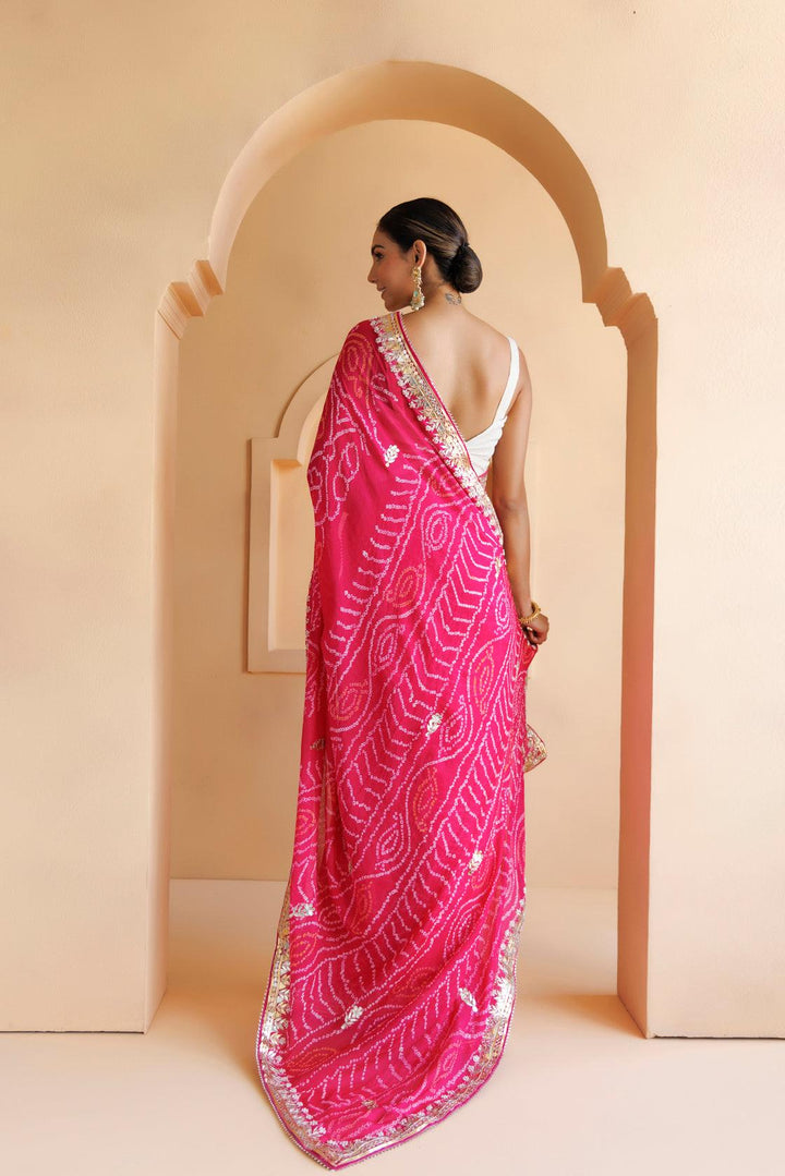 Pink Pure Georgette Hand Embroidered Gota Patti Bandhani Saree - Geroo Jaipur