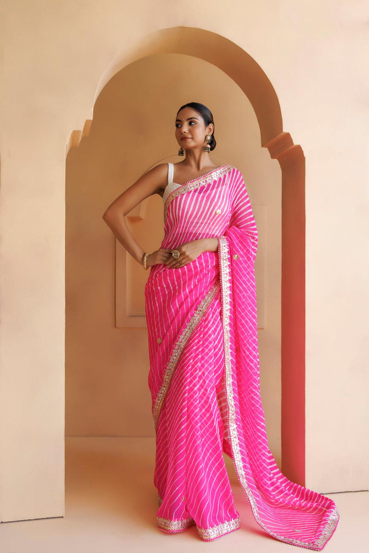 Pink Pure Georgette Hand Embroidered Gota Patti Leheriya Mothra Saree - Geroo Jaipur