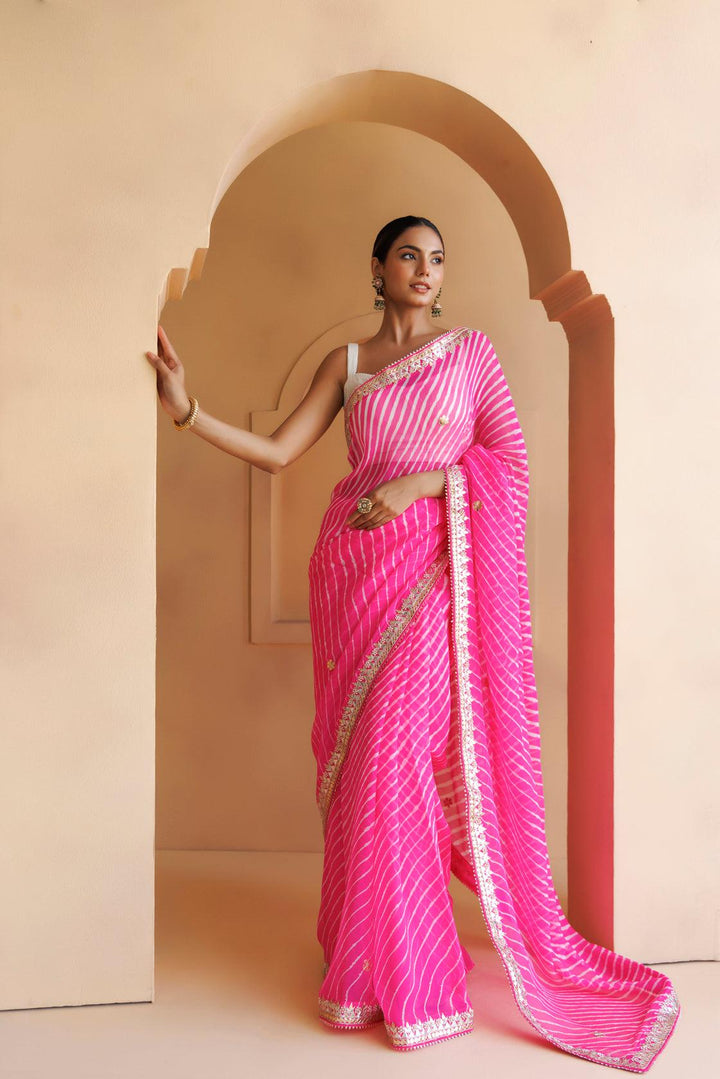 Pink Pure Georgette Hand Embroidered Gota Patti Leheriya Mothra Saree - Geroo Jaipur