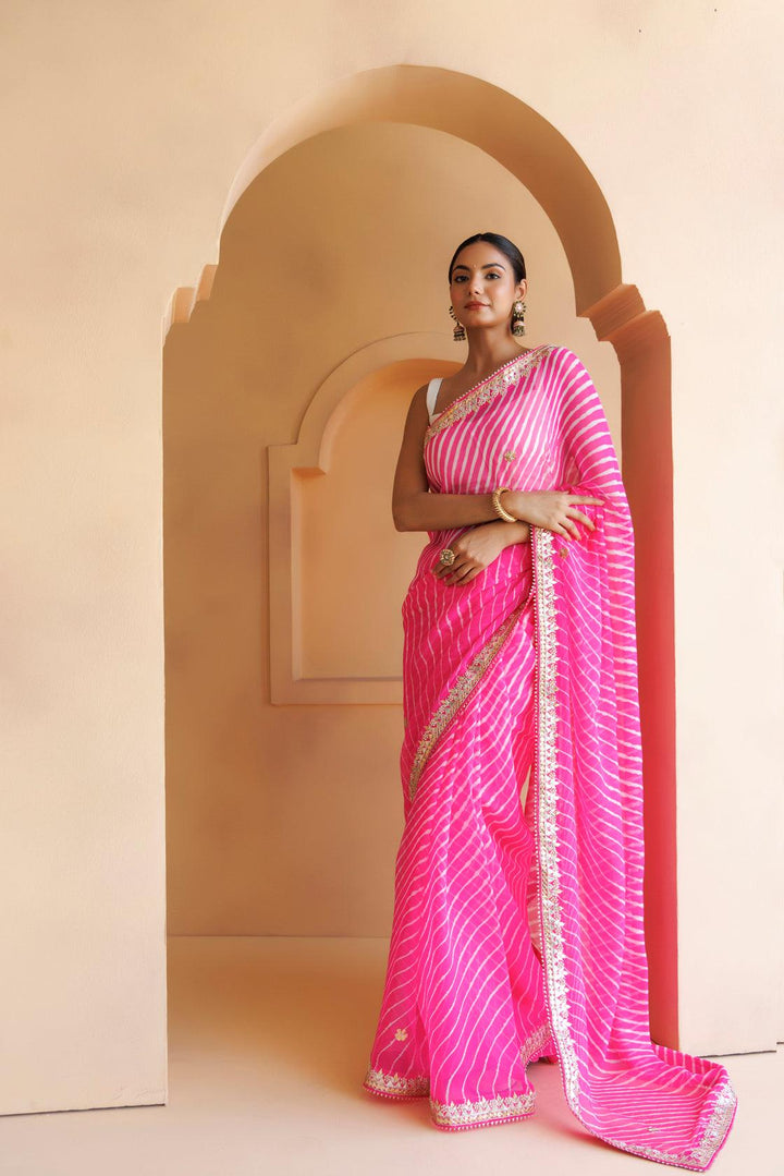 Pink Pure Georgette Hand Embroidered Gota Patti Leheriya Mothra Saree - Geroo Jaipur