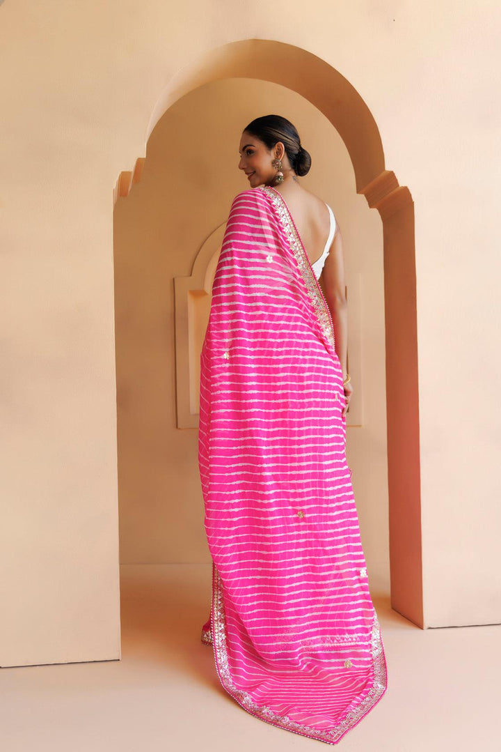 Pink Pure Georgette Hand Embroidered Gota Patti Leheriya Mothra Saree - Geroo Jaipur