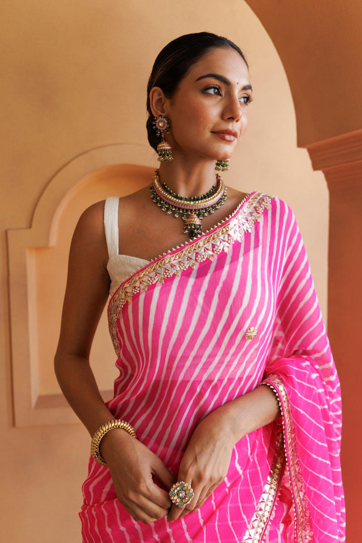 Pink Pure Georgette Hand Embroidered Gota Patti Leheriya Mothra Saree - Geroo Jaipur