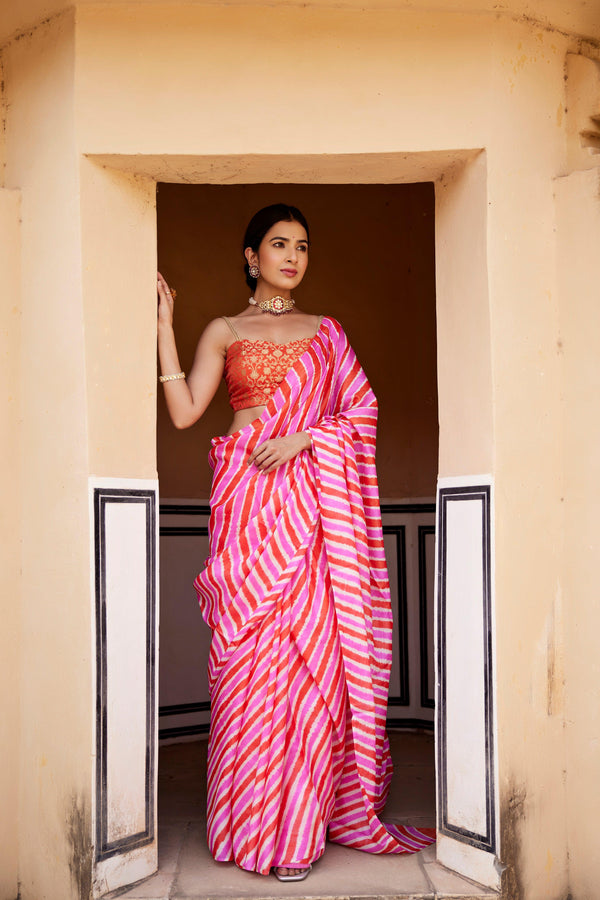 Pink Pure Tussar Silk Hand-Dyed Leheriya Saree - Geroo Jaipur