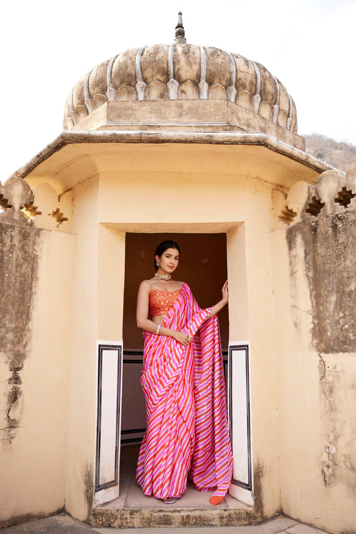 Pink Pure Tussar Silk Hand-Dyed Leheriya Saree - Geroo Jaipur