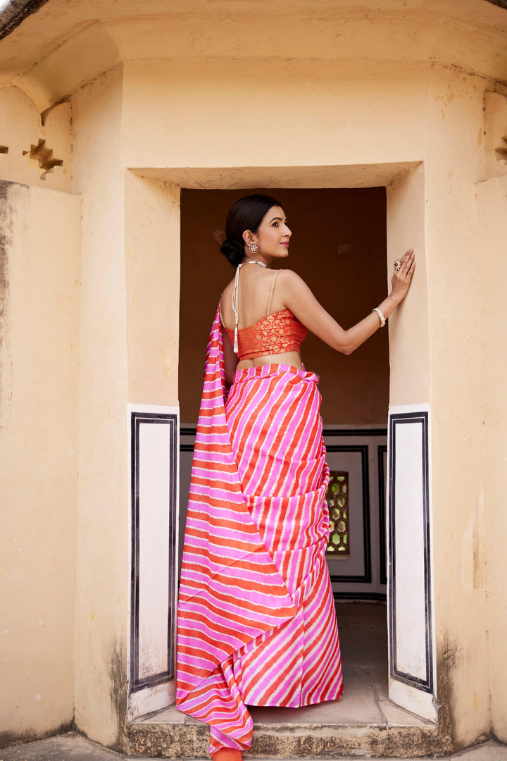 Pink Pure Tussar Silk Hand-Dyed Leheriya Saree - Geroo Jaipur