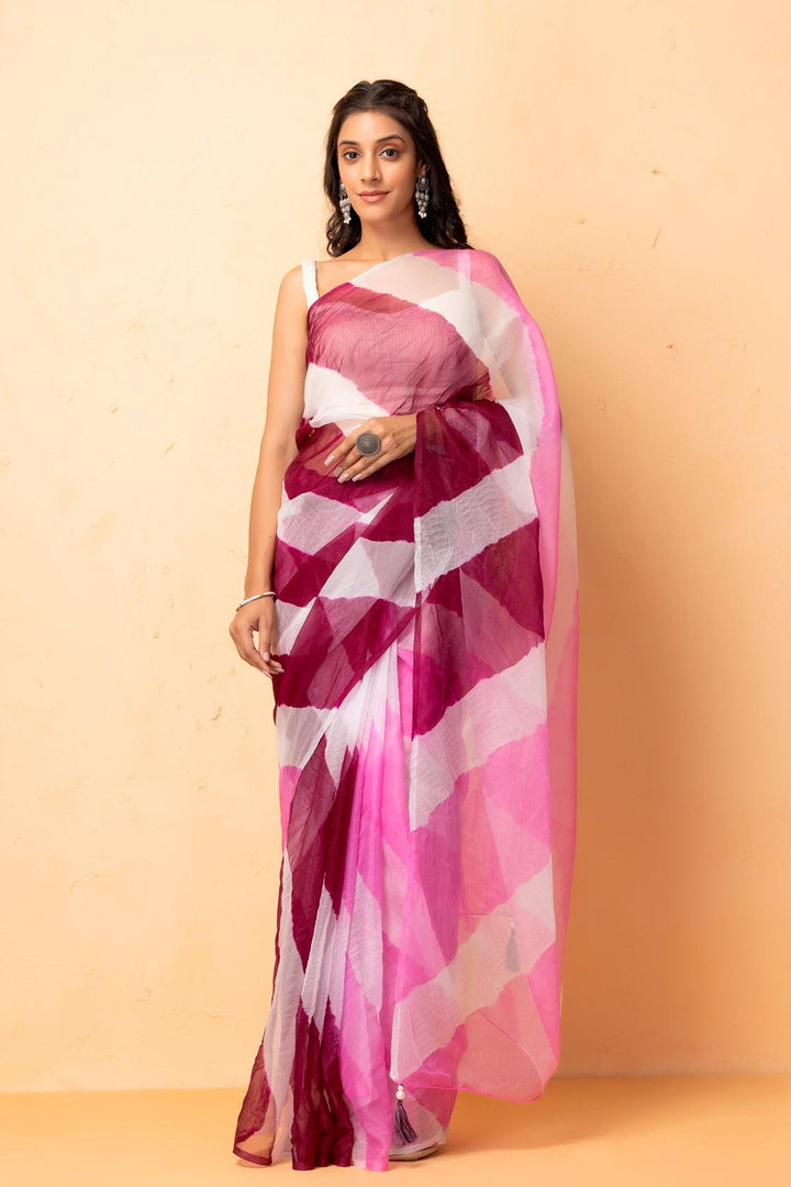 Pink Purple Shaded Organza Hand Dyed Leheriya Saree With Tassels - Geroo Jaipur