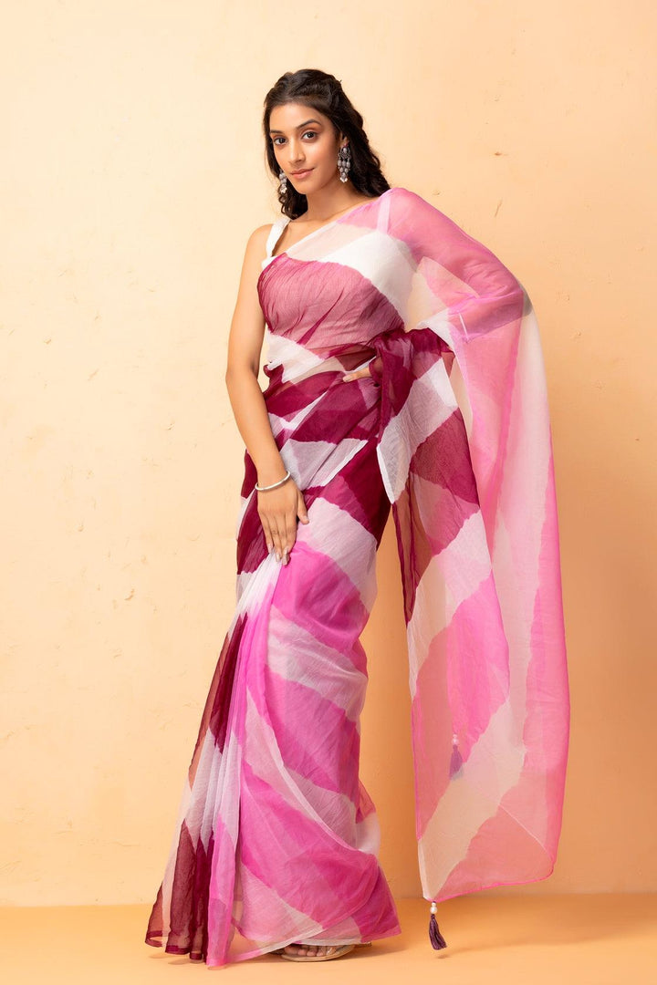 Pink Purple Shaded Organza Hand Dyed Leheriya Saree With Tassels - Geroo Jaipur