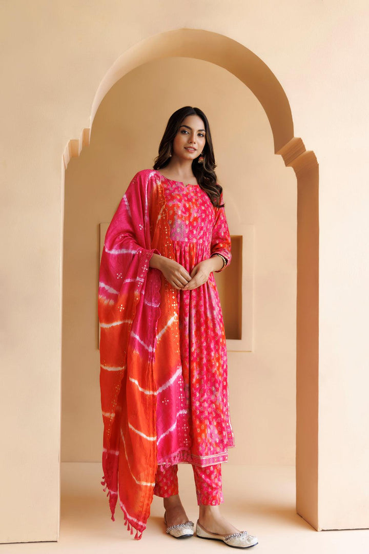 Pink Shaded Cotton-Rayon Embroidered Kurta Set with Silk Dupatta - Geroo Jaipur