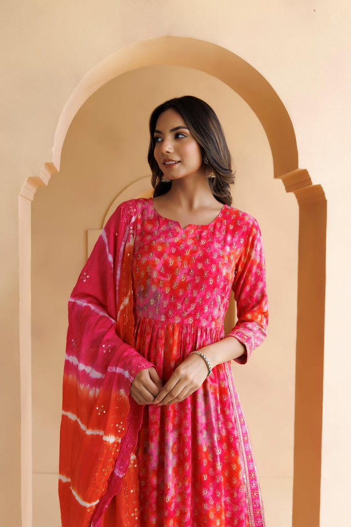 Pink Shaded Cotton-Rayon Embroidered Kurta Set with Silk Dupatta - Geroo Jaipur