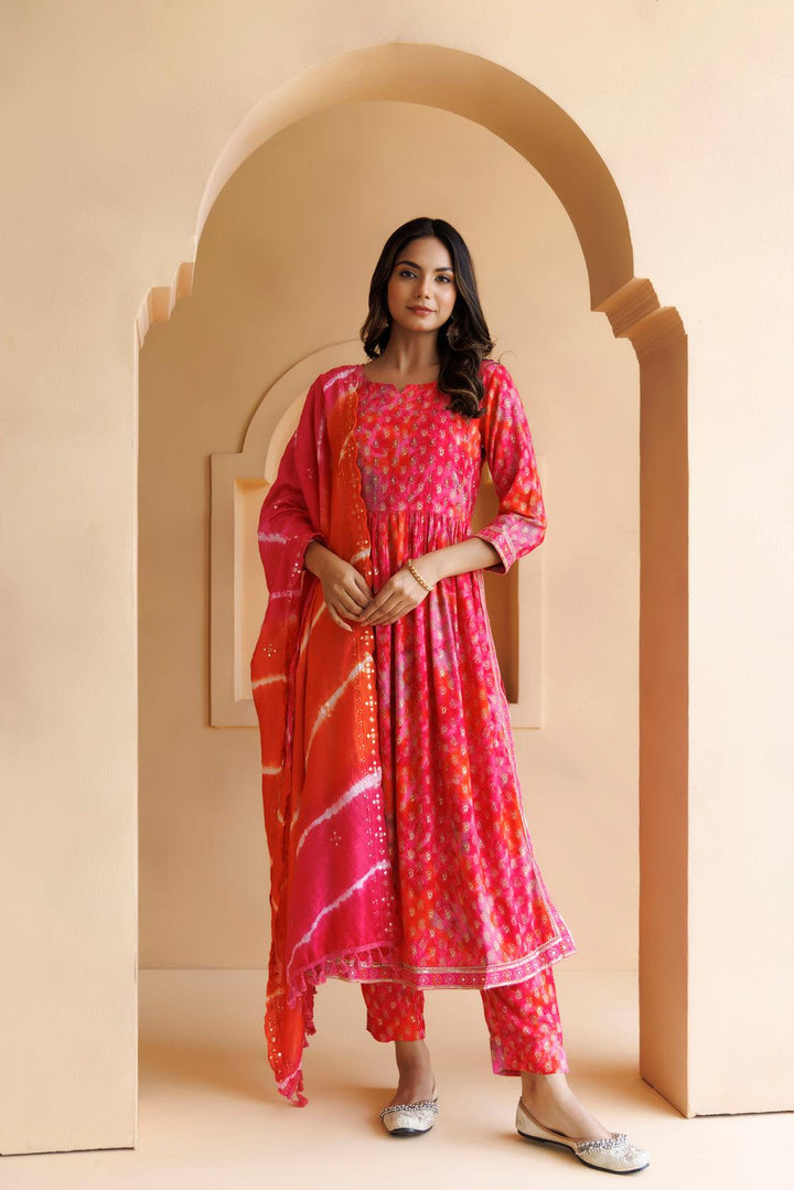 Pink Shaded Cotton-Rayon Embroidered Kurta Set with Silk Dupatta - Geroo Jaipur