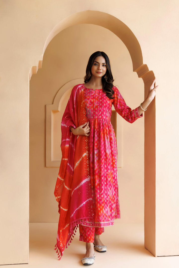 Pink Shaded Cotton-Rayon Embroidered Kurta Set with Silk Dupatta - Geroo Jaipur