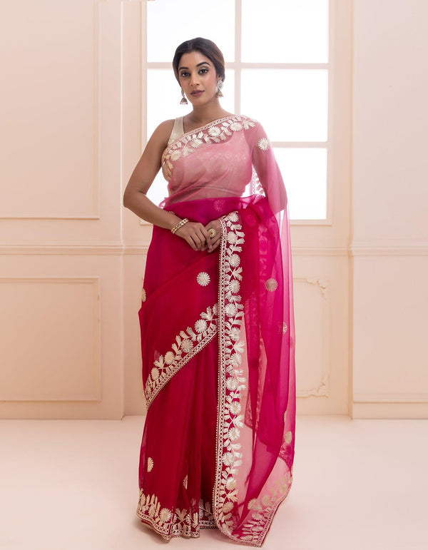 Pink Shaded Handcrafted Gota Patti Organza Saree - Geroo Jaipur