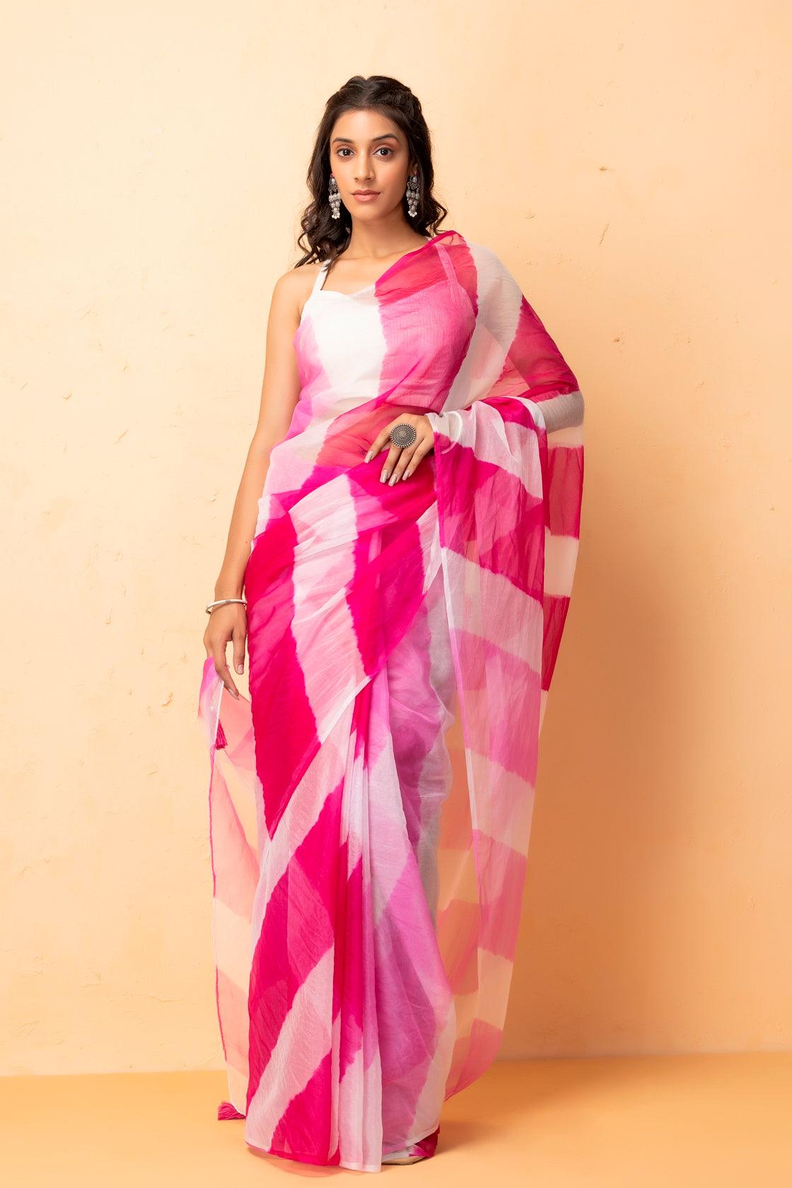 Buy Kasturi-B White & Pink Pure Georgette Leheriya Saree with Zardozi at  Amazon.in