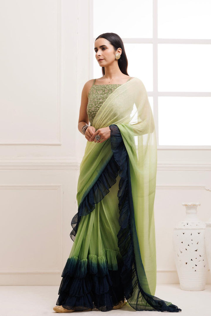 Prussion Blue-Green Pleated Ombre Chiffon Saree - Geroo Jaipur