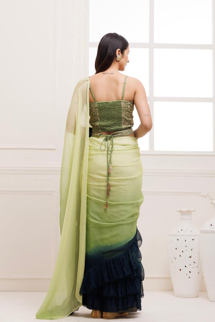 Prussion Blue-Green Pleated Ombre Chiffon Saree - Geroo Jaipur