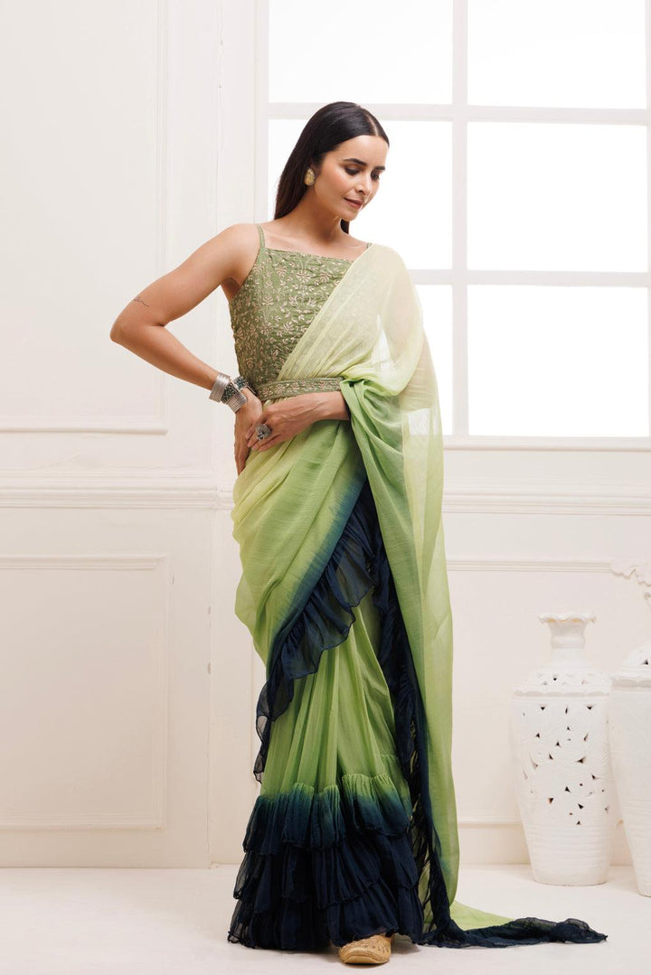 Prussion Blue-Green Pleated Ombre Chiffon Saree - Geroo Jaipur