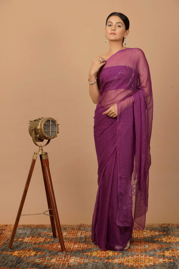 Purple Chiffon Hand Embroidered Mukaish Saree - Geroo Jaipur